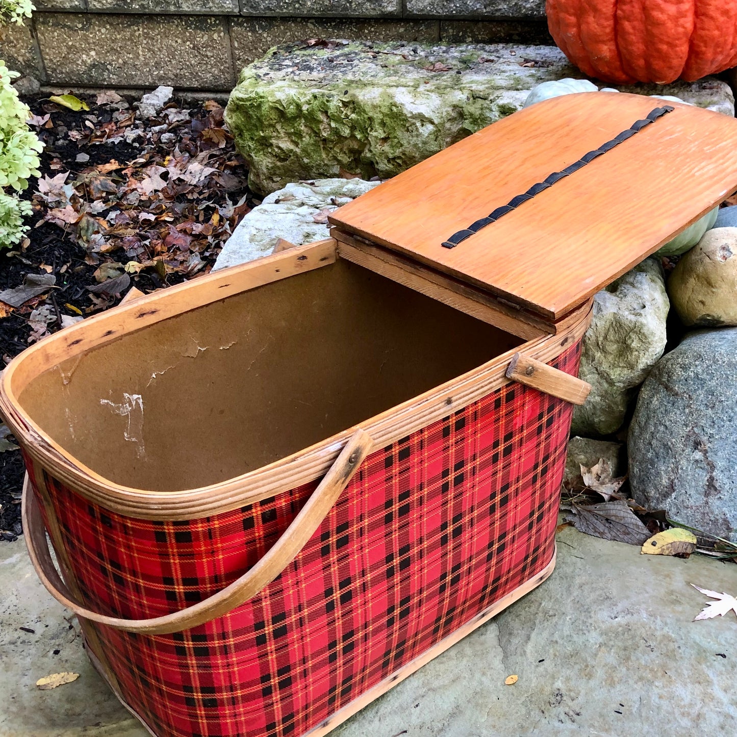 Mid Century Red Plaid Picnic Basket (c.1950s)