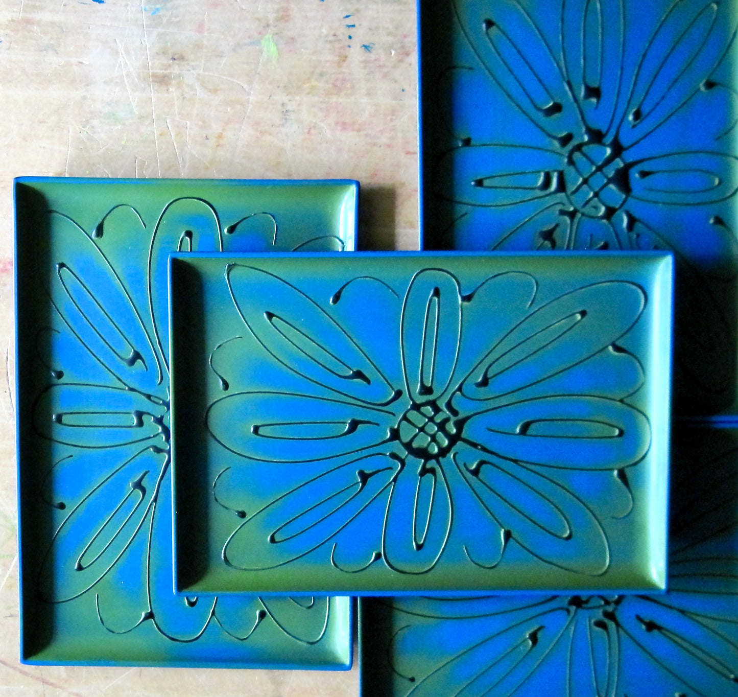 Mid Century Blue and Green Plastic Trays