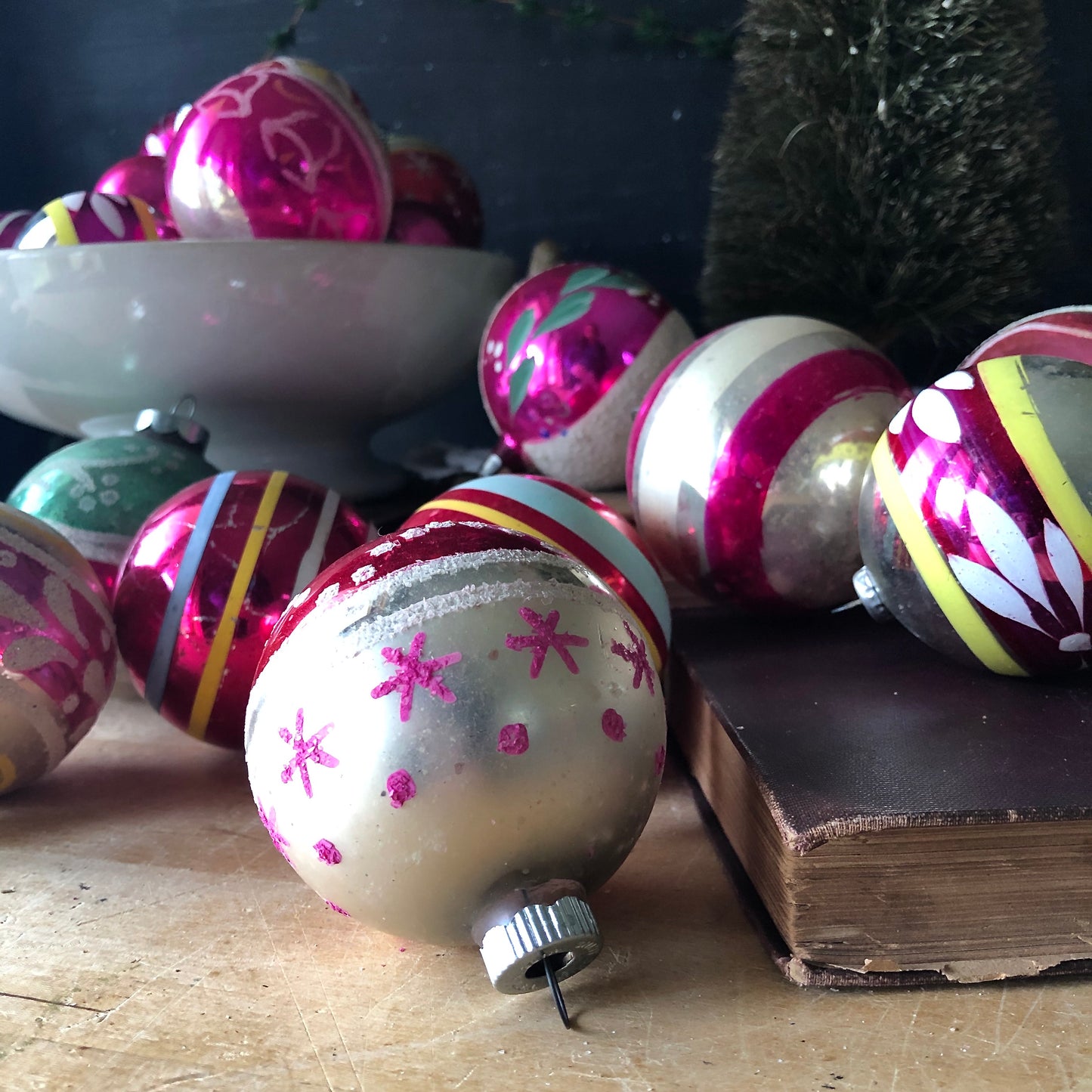 Large Set of Vintage Pink Christmas Ornaments (c.1950s)