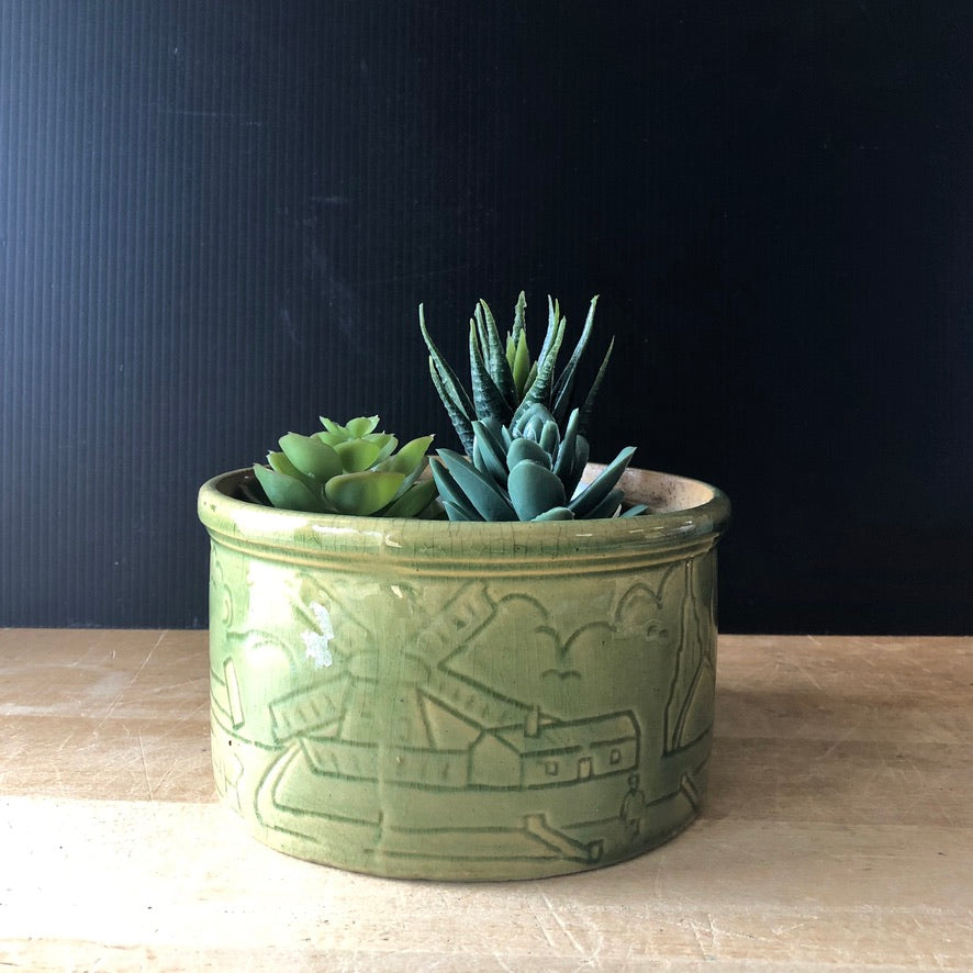 Green Yellow Ware Crock with Windmill Design (c.1930s)