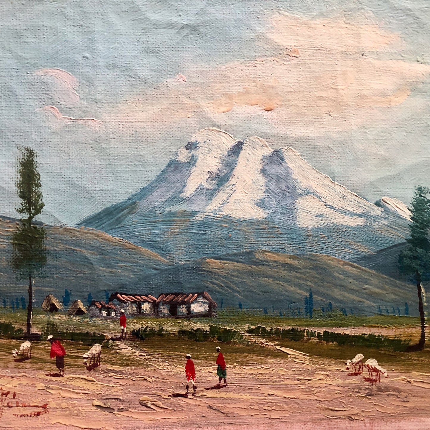 Vintage Landscape Painting of Rural Mountain Village