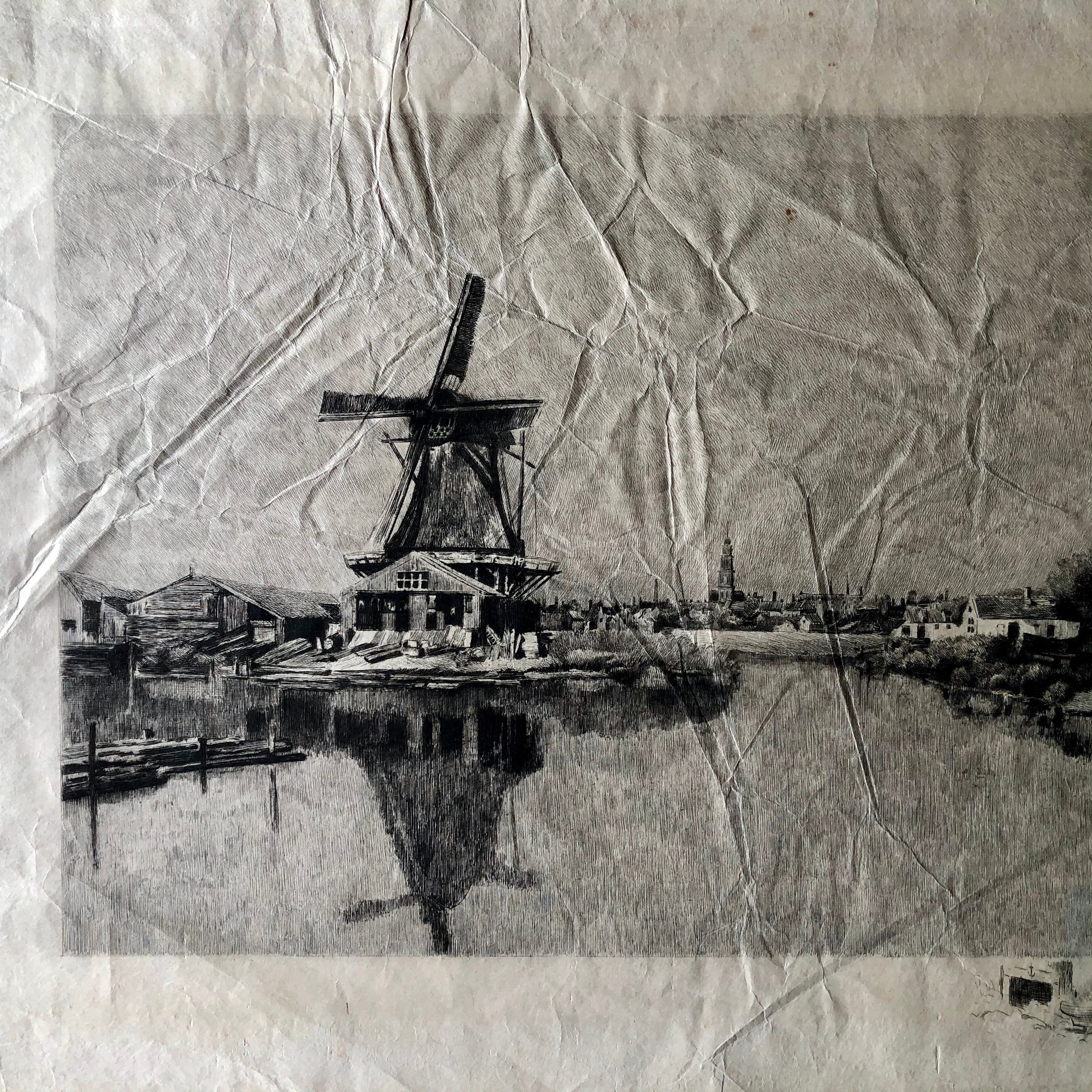 Art Etching of Dutch Port Scene on Rice Paper
