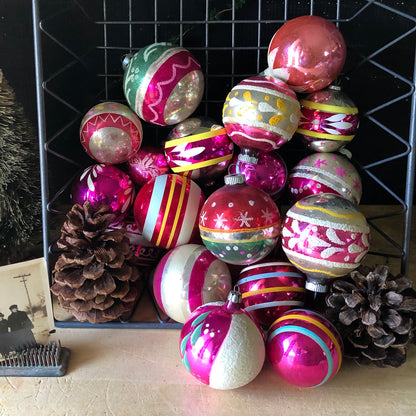 Large Set of Vintage Pink Christmas Ornaments (c.1950s)