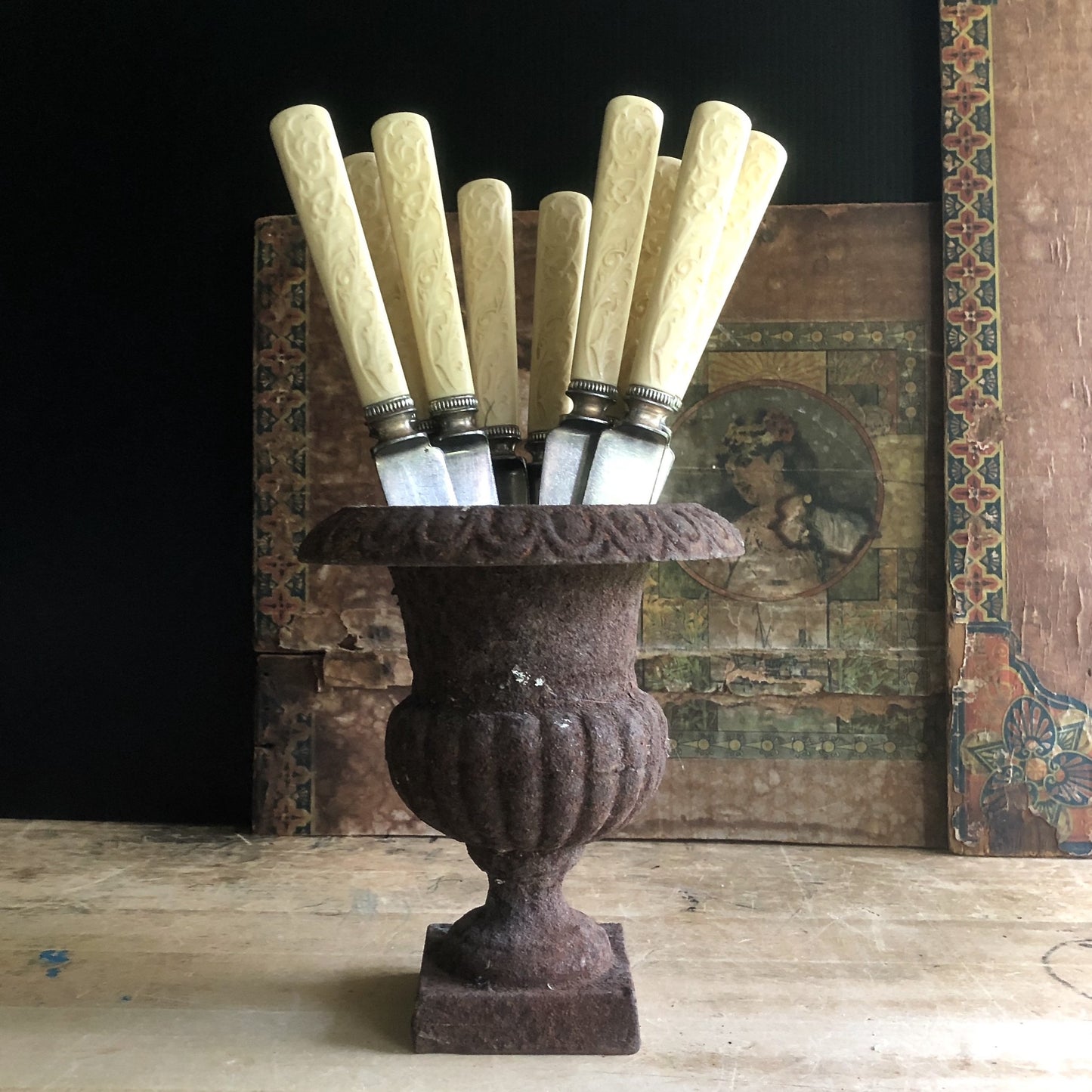 Vintage Celluloid Dinner Knives with Embossed Handles (c.1900s)