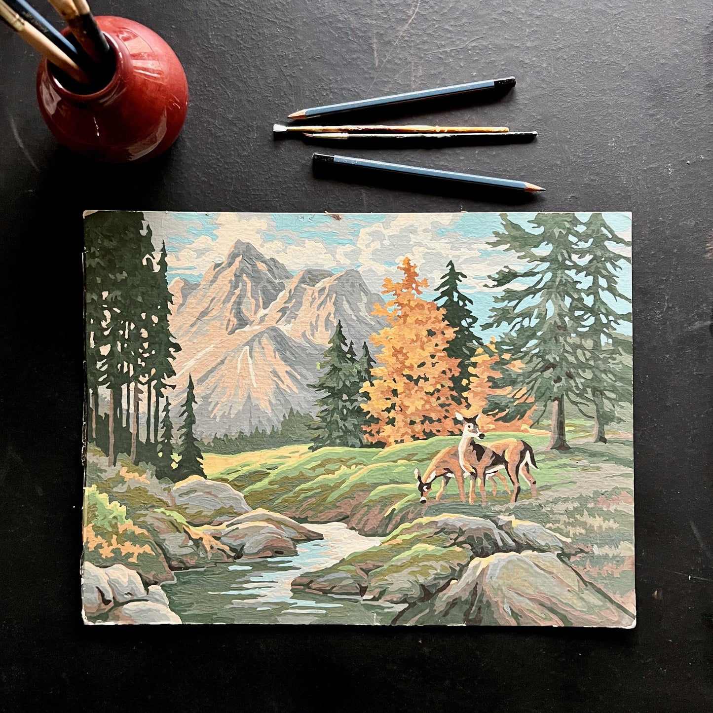 Vintage Paint By Number Mountain Landscape with Deer (c.1980s)