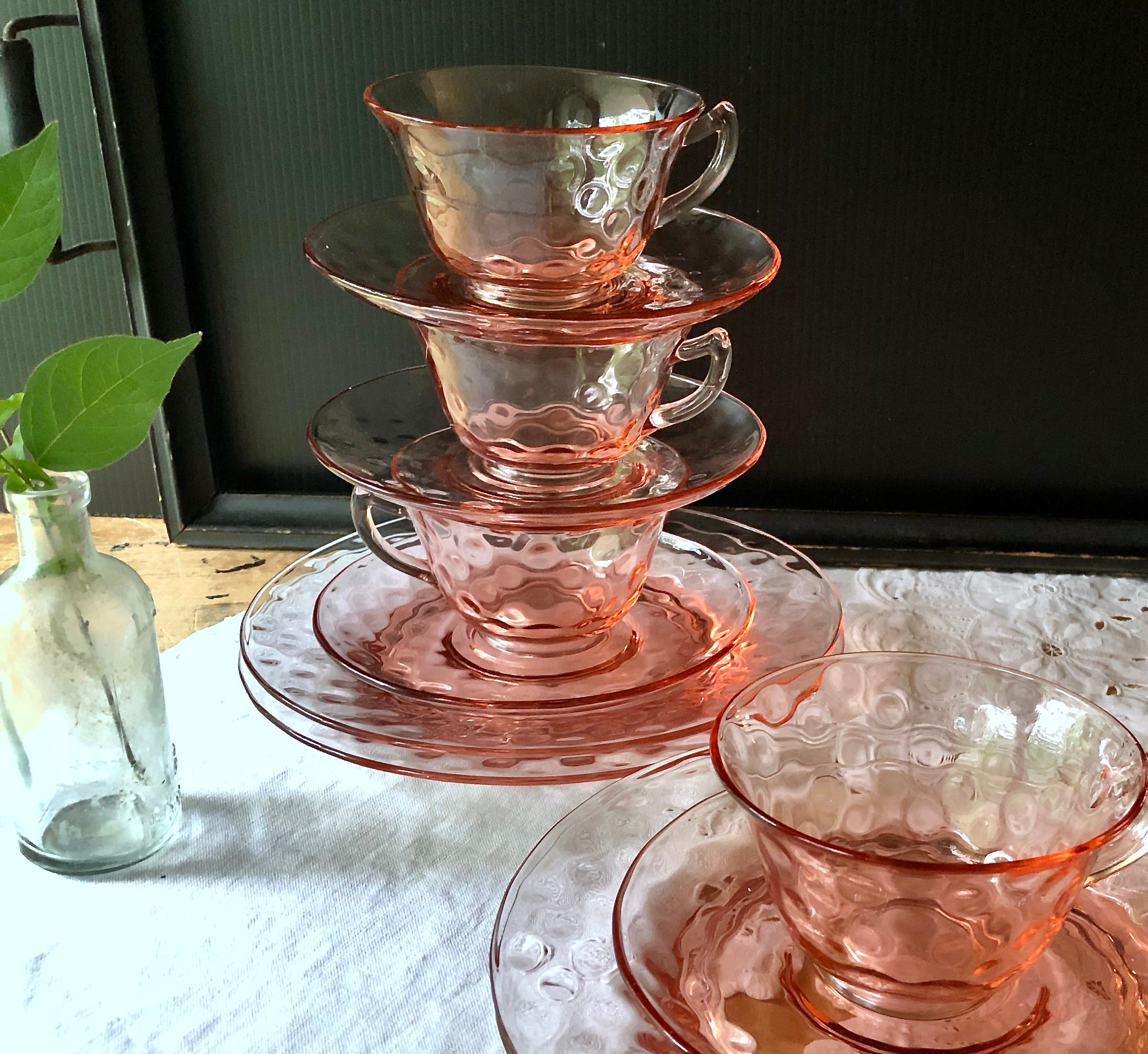 Cambridge Glass Co. Depression Glass 1930s. Pink 3-piece store Cream and Sugar w/handl