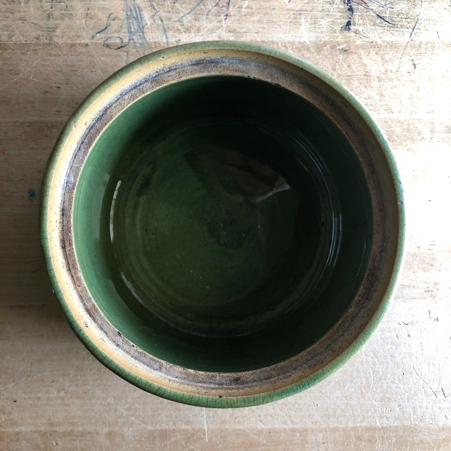 Green Yellow Ware Crock with Windmill Design (c.1930s)