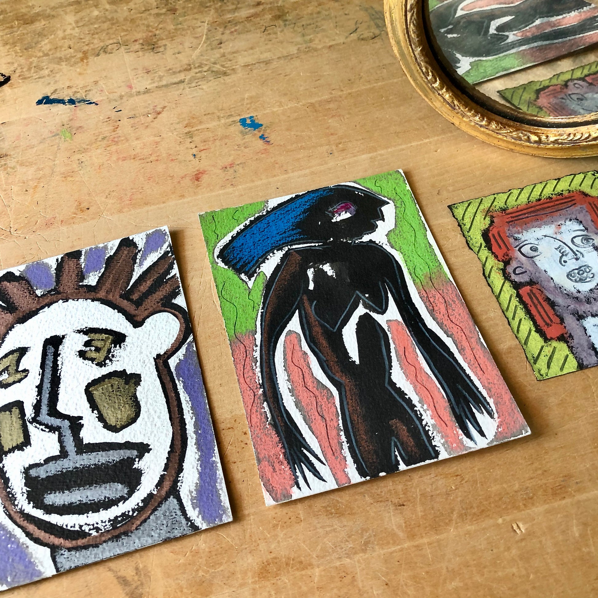 Reserved - Abstract Outsider Mixed Media Portraits, Set of 3