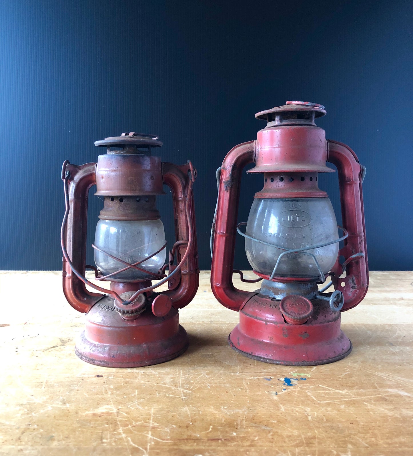 Set of Two Vintage Red Railroad Lanterns Deitz Comet and Sun (c.1940s)