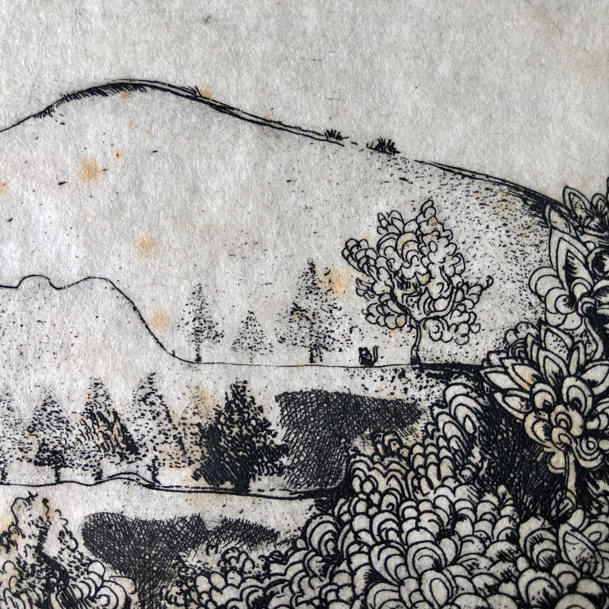 Vintage Art Etching 'Landscape with 5 Cats' by Claude Saucy (c.1900s)