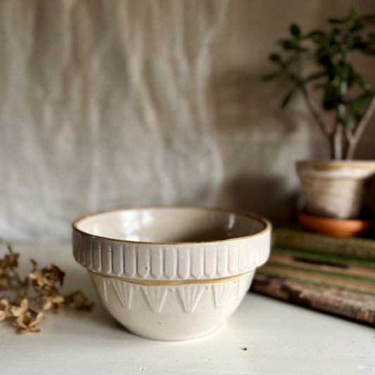 Old White Stoneware Mixing Bowl with Patterned Rim