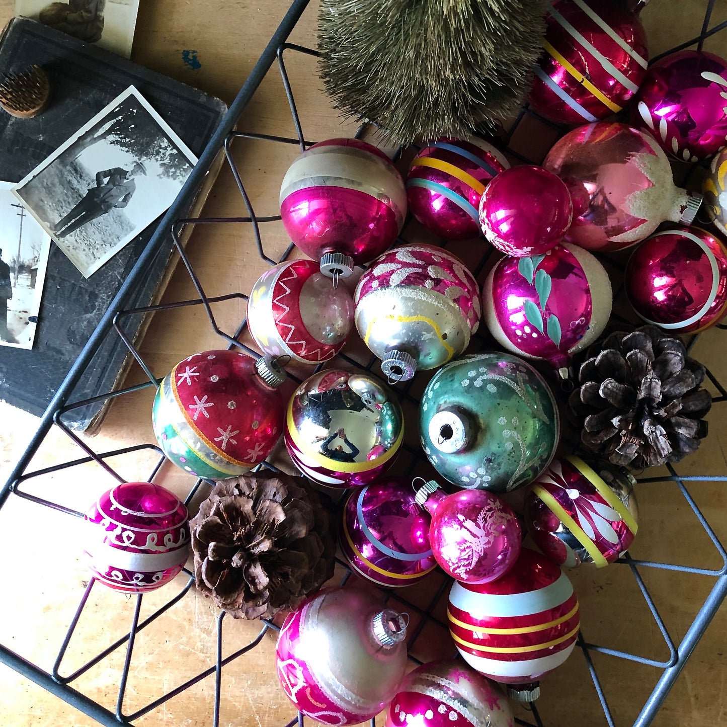 Large Set of Vintage Pink Christmas Ornaments (c.1950s)