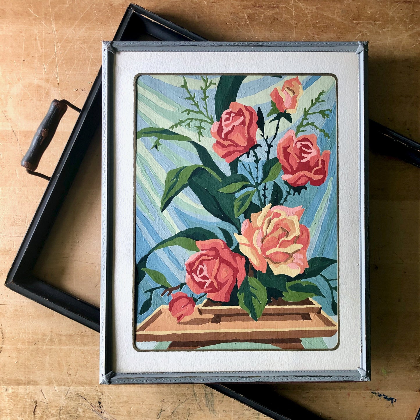 Vintage Paint By Number Framed Rose Floral Painting