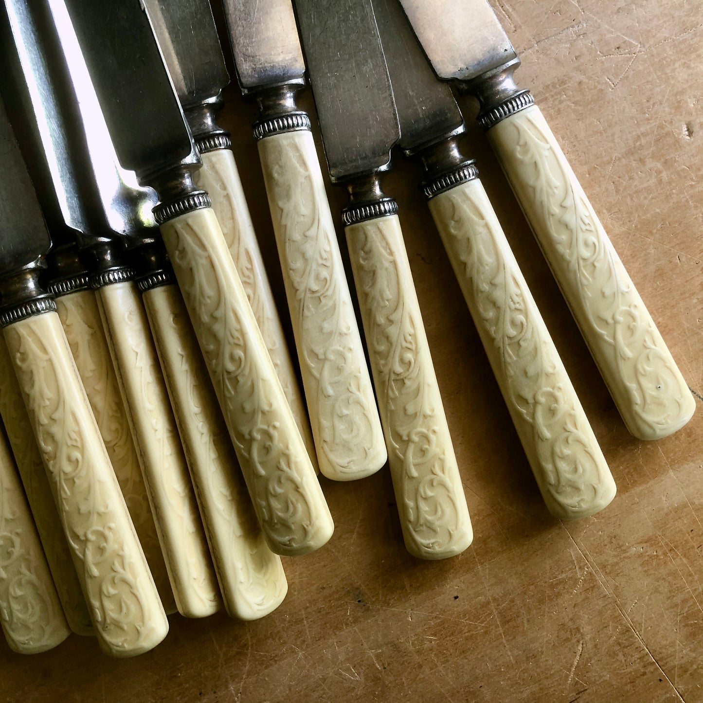 Vintage Celluloid Dinner Knives with Embossed Handles (c.1900s)