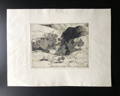 Vintage Art Etching 'Landscape with 5 Cats' by Claude Saucy (c.1900s)