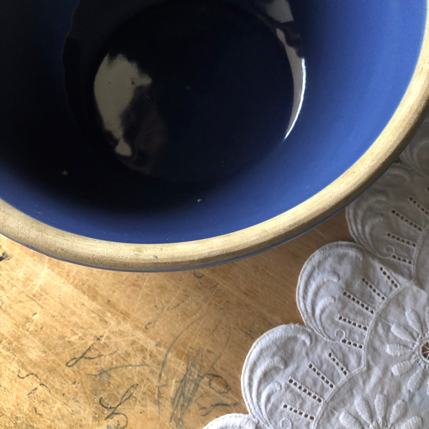 Vintage Farmhouse Blue Pottery Mixing Bowl