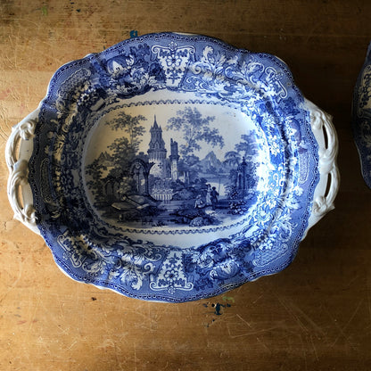 Antique Blue Transferware Covered Serving Dish (1800s)