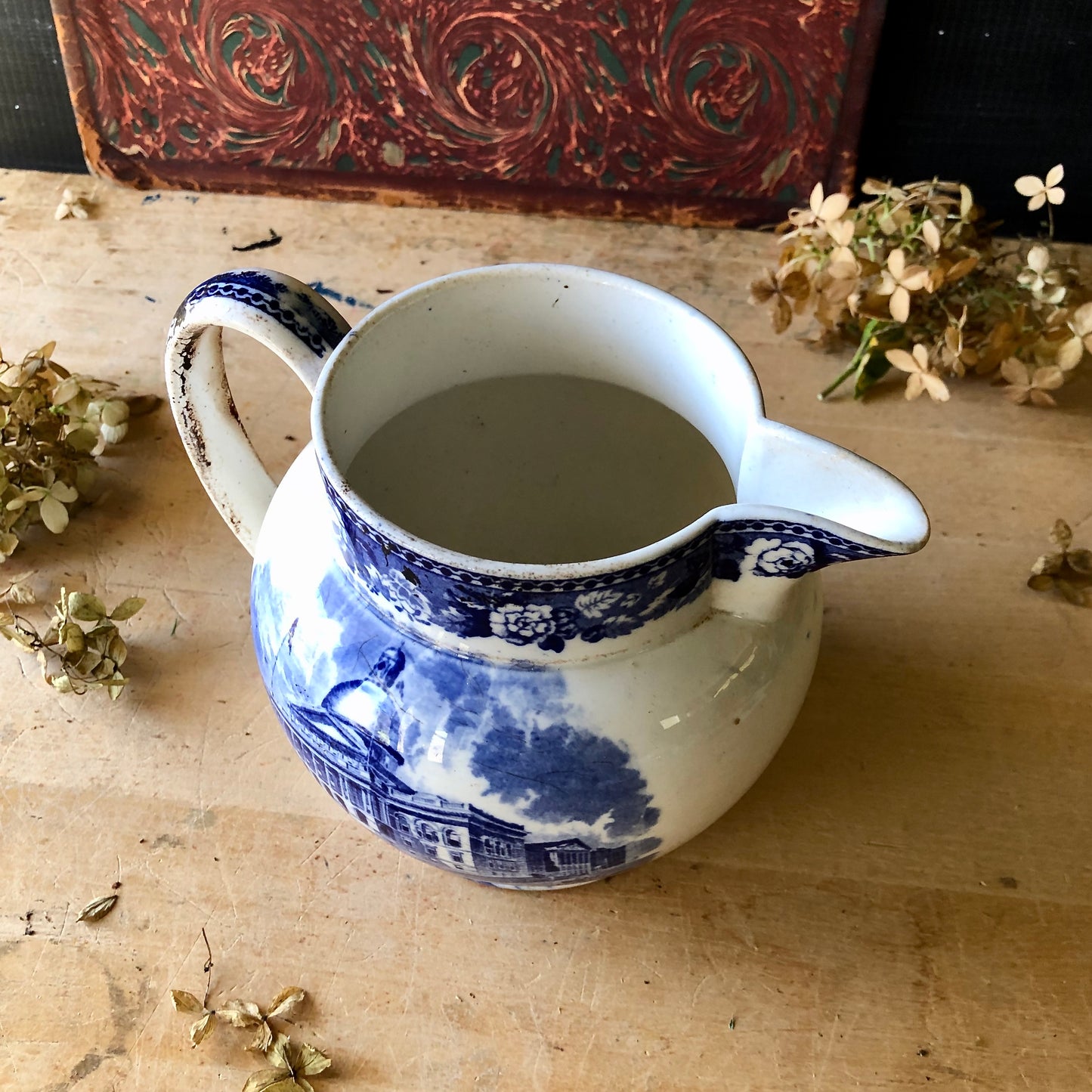 Antique Wedgewood Blue Transferware Pitcher (c.1800s)