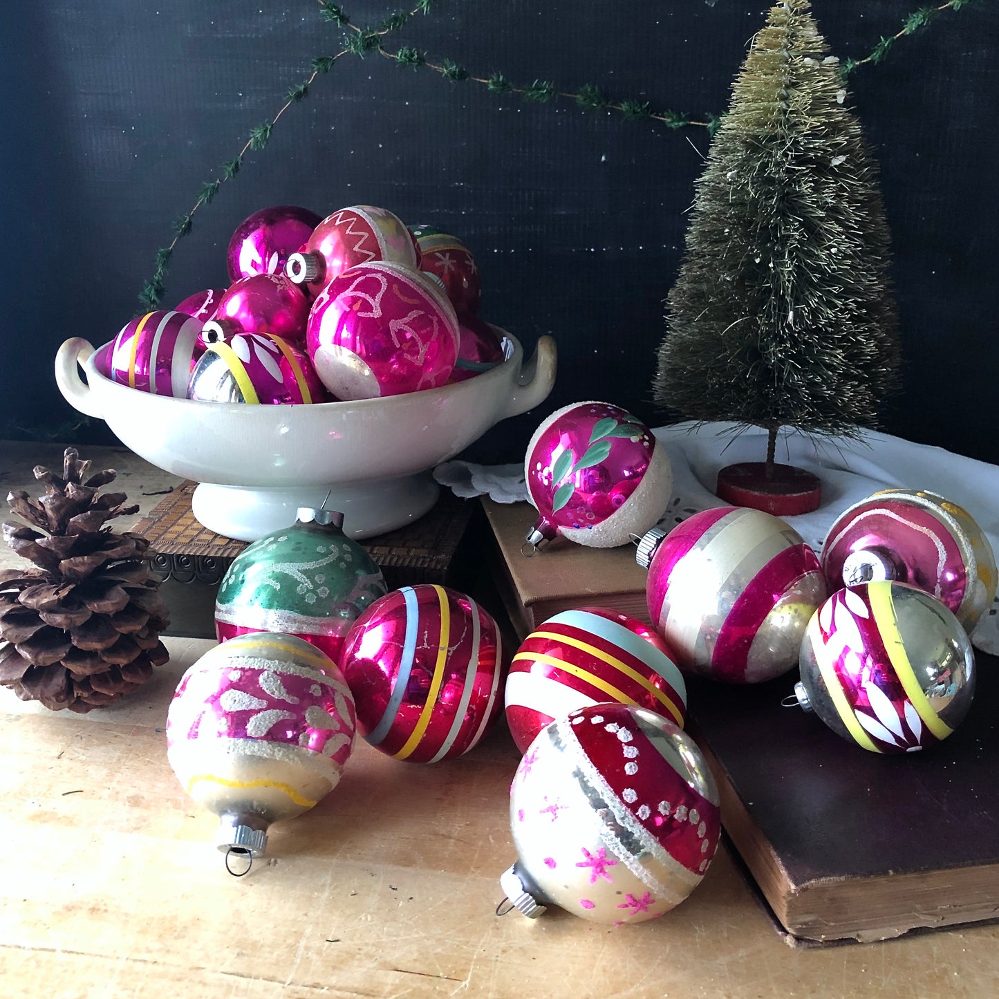 Large Set of Vintage Pink Christmas Ornaments (c.1950s)