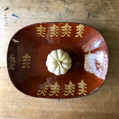 Antique Redware Loaf Dish with Yellow Slip Decoration (c.1800s)