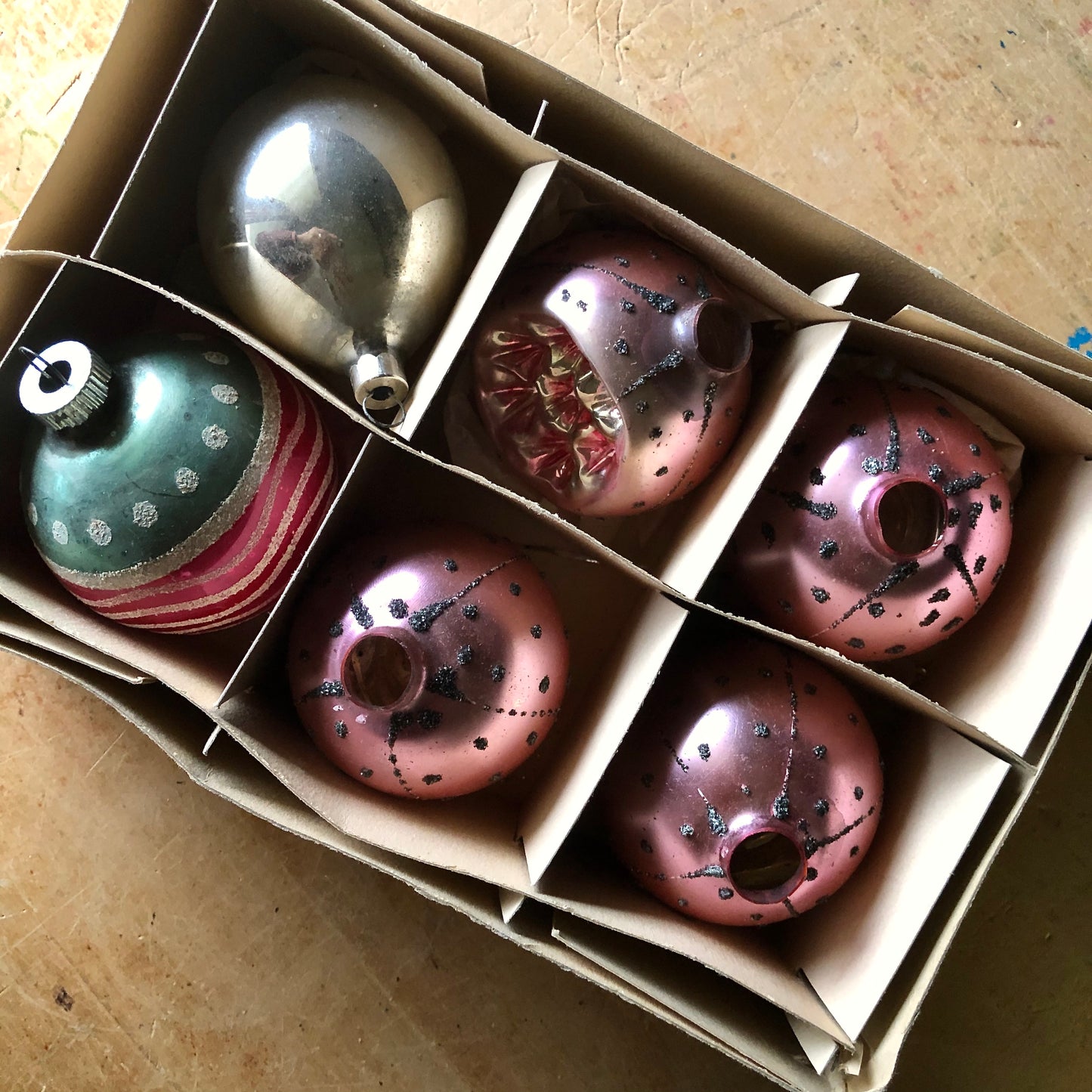 Vintage Pastel Pink Ornaments with Box (c.1950s)