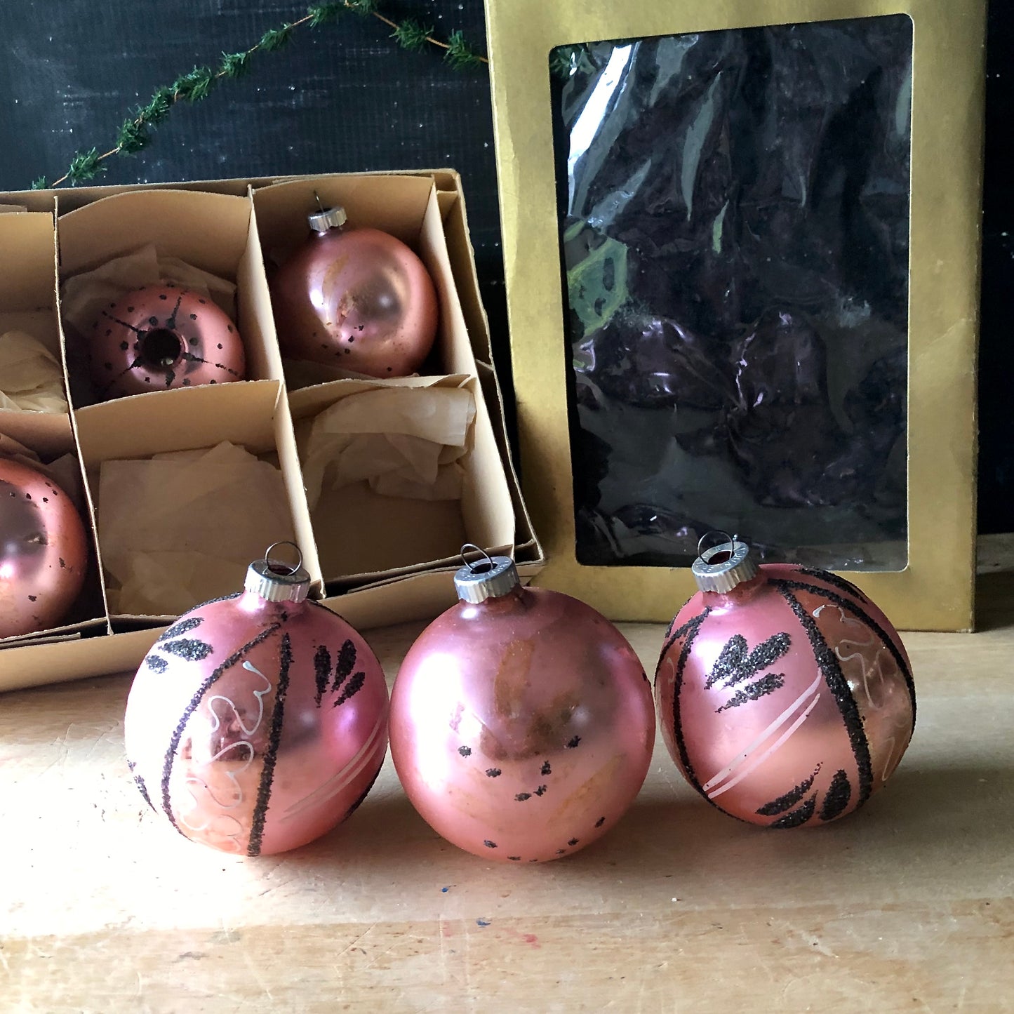 Pale Pink Shiny Brite Glitter Ornaments (c.1950s)