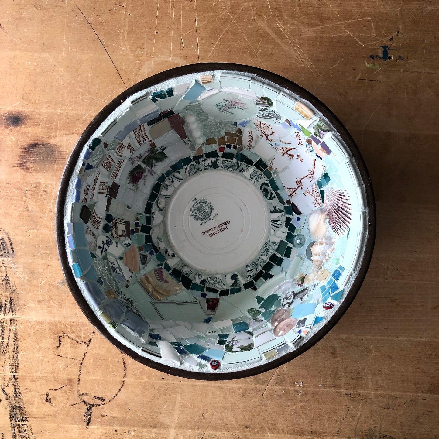 Vintage Brown Pottery Mixing Bowl with Upcycled Mosaic Design