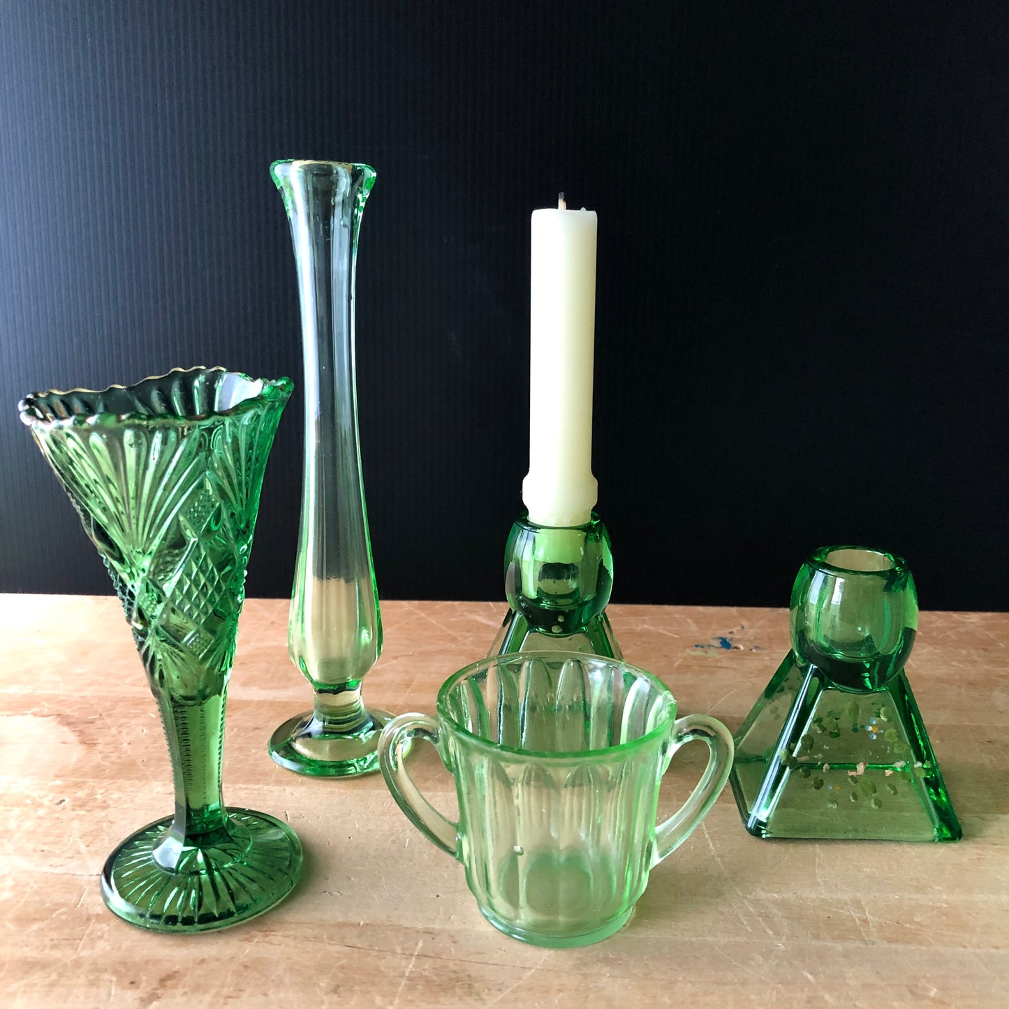 Green Depression Glass Collection with Uranium Glass (c.1930s)