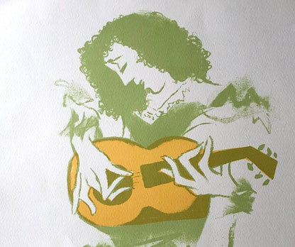 Mid Century Lithograph Print of Woman Playing Guitar