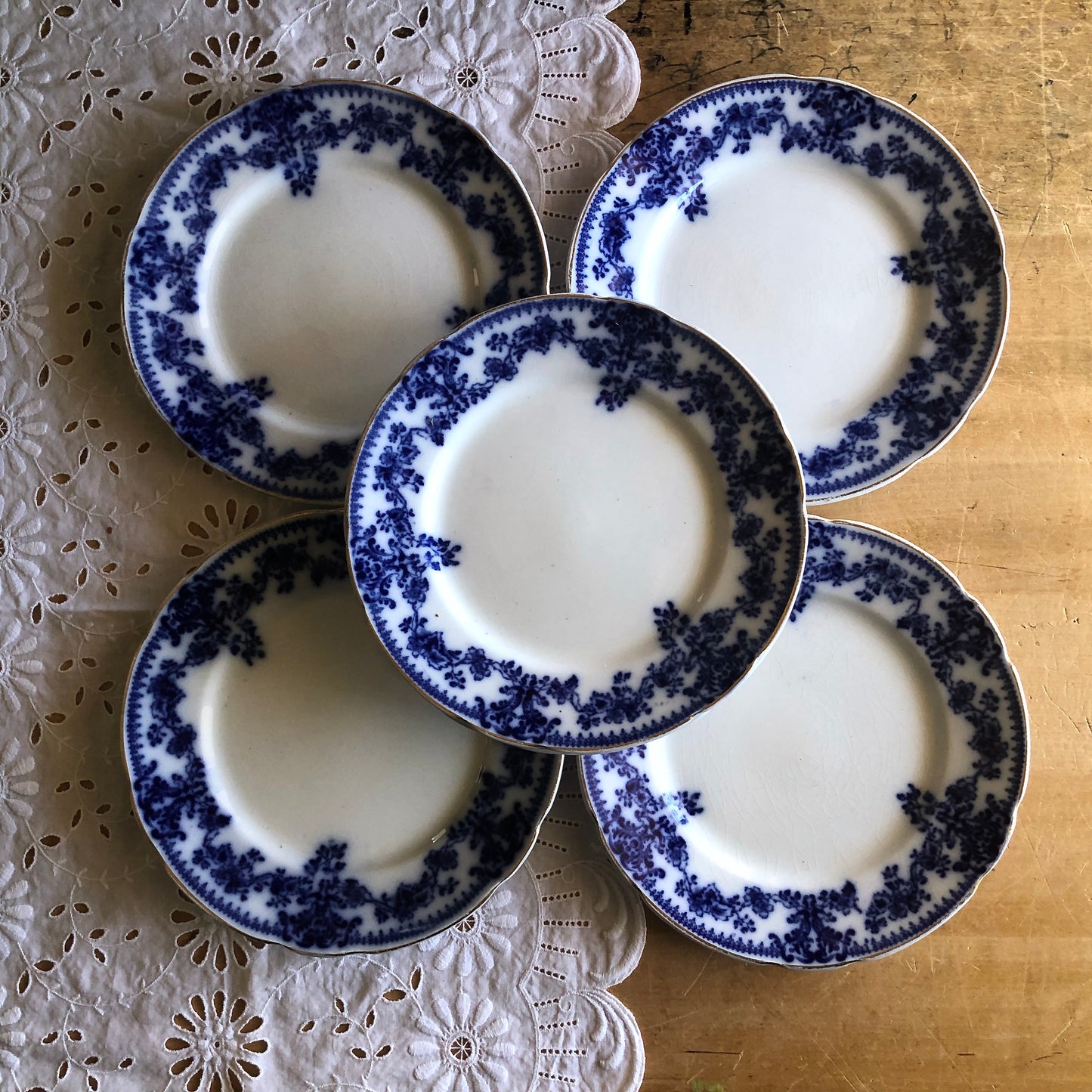 English Antique Flow Blue Dessert Plates, Set of 6 (c.1800s)