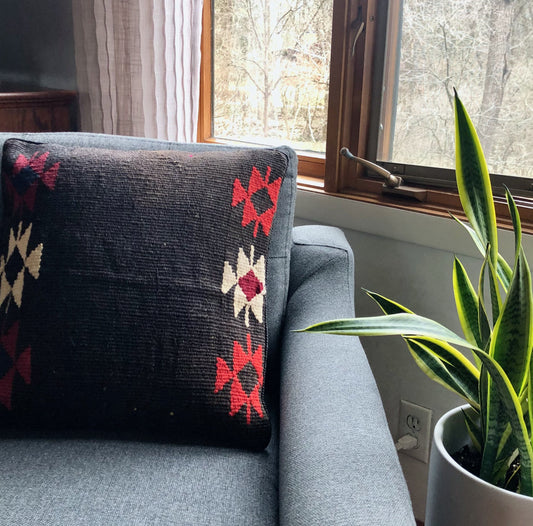 Modern Vintage Charcoal and Red Kilim Pillow Cover