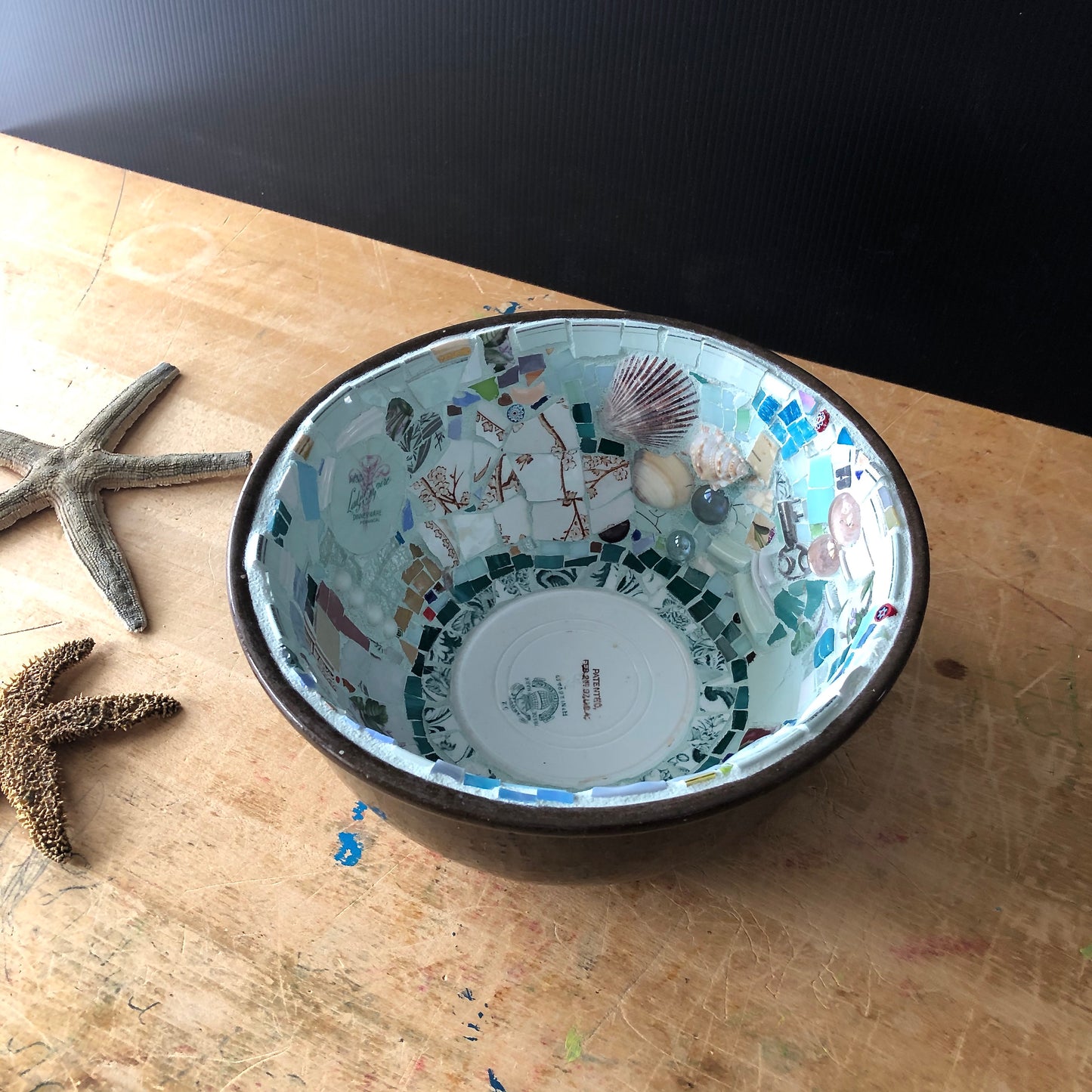 Vintage Brown Pottery Mixing Bowl with Upcycled Mosaic Design