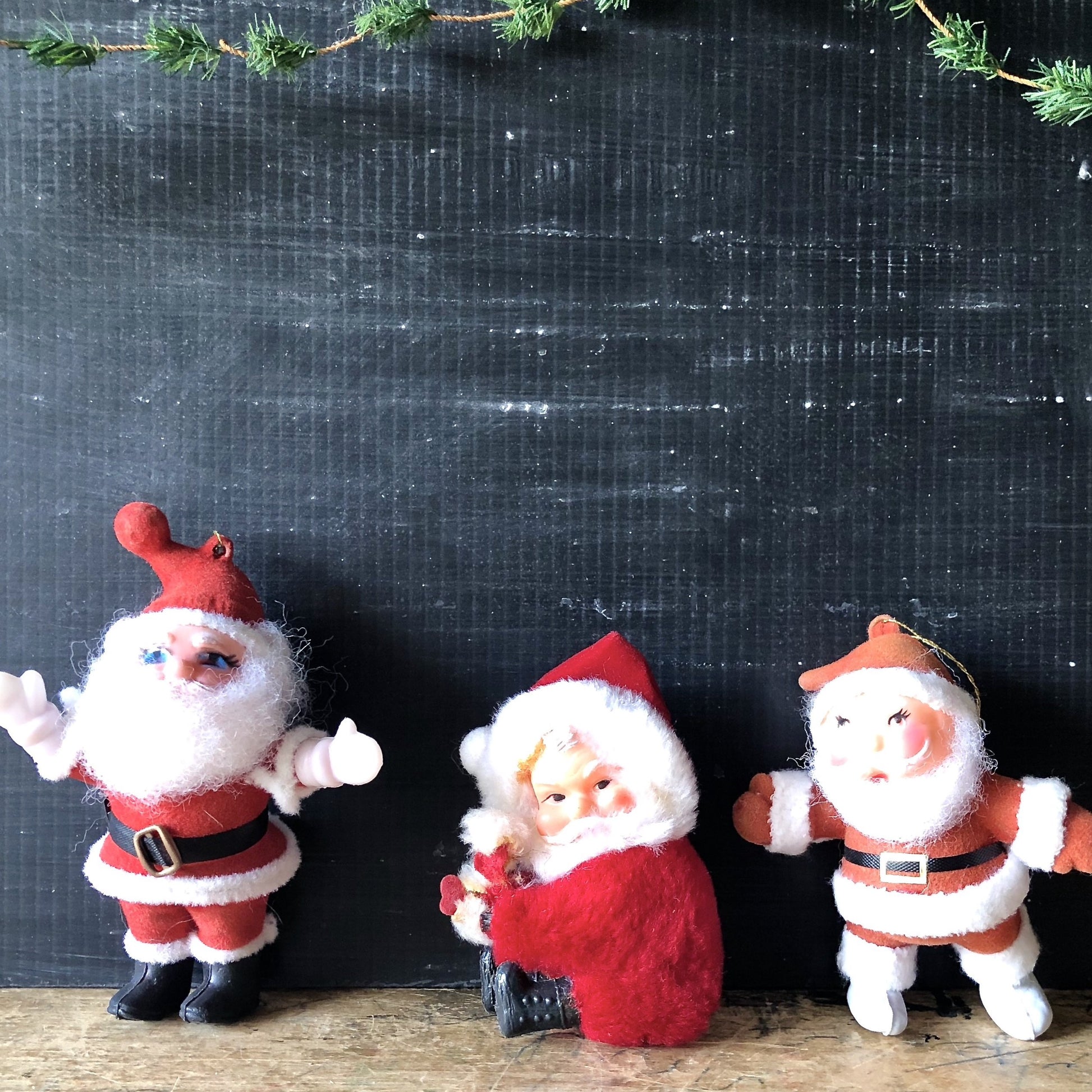 Vintage Santa and Mrs. Claus Flocked Christmas Ornaments (c.1960s)