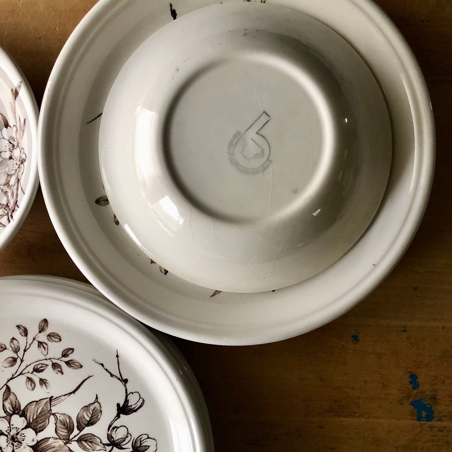 Vintage Brown and White English Floral Dishes (c.1960s)