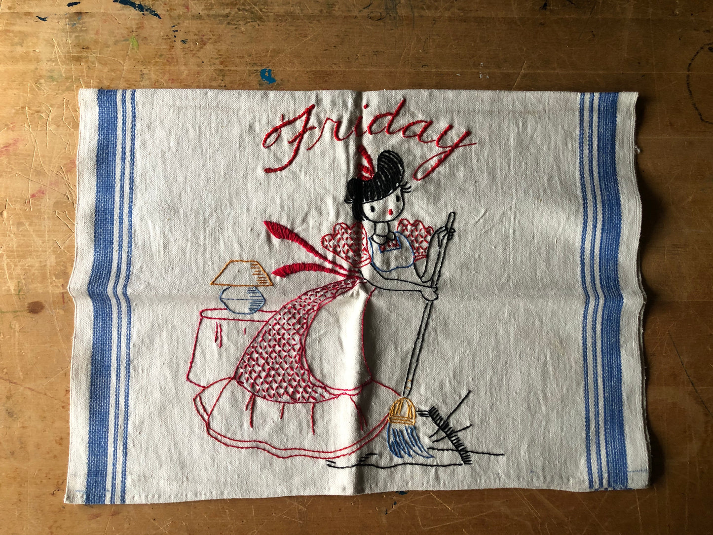 Embroidered Day of the Week Chores Kitchen Towels, (c.1960s)