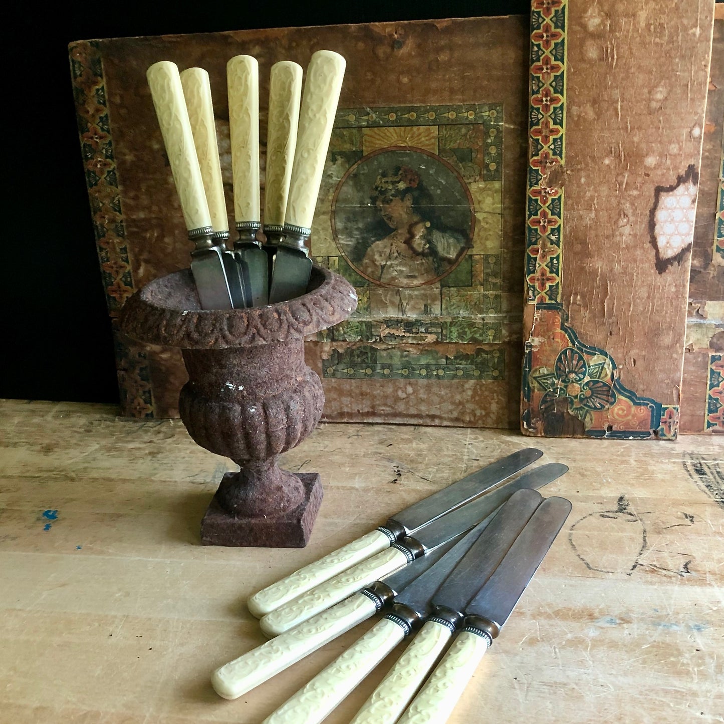 Vintage Celluloid Dinner Knives with Embossed Handles (c.1900s)