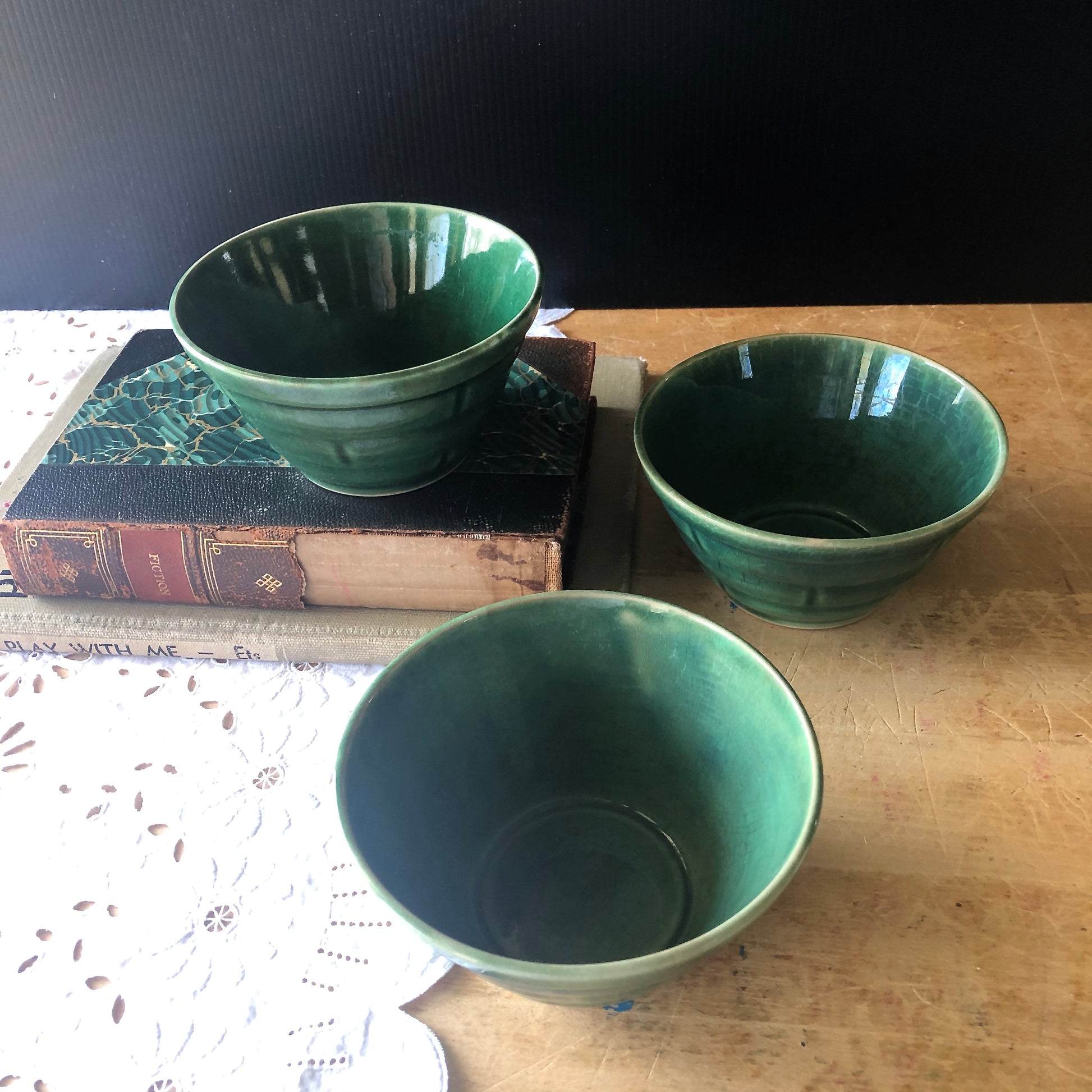 Green Vintage USA Pottery Bowls (c.1940s)
