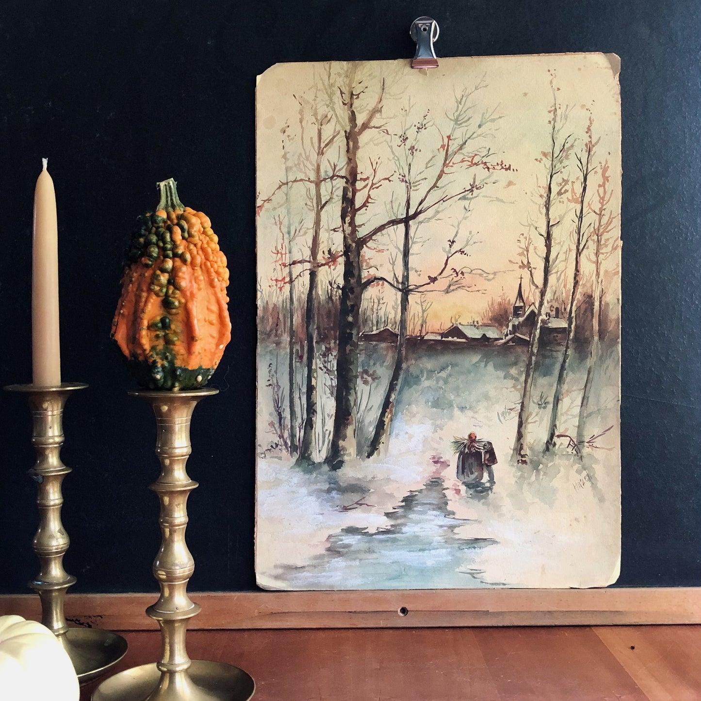 Vintage Winter Scene Watercolor (1900s)