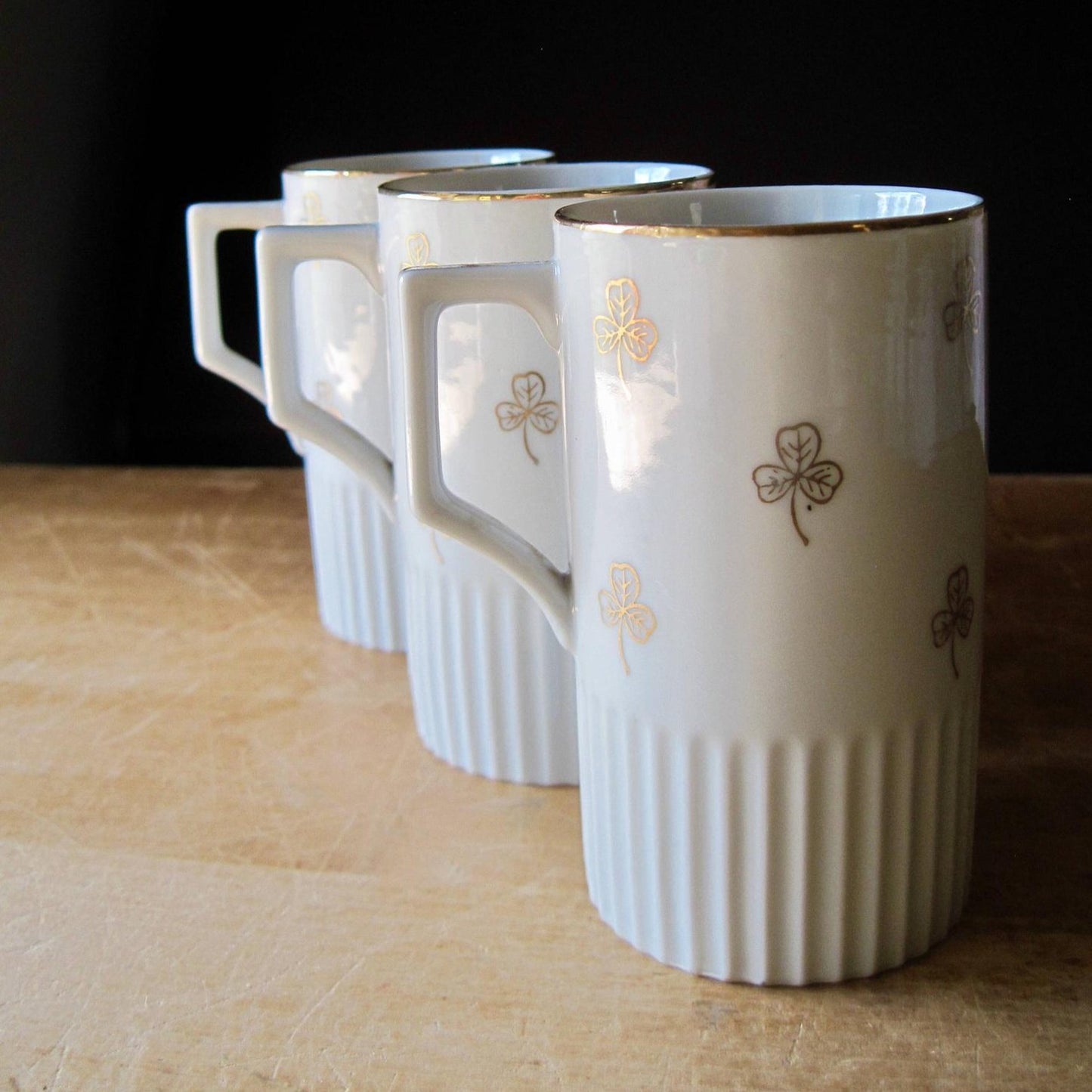 Vintage White Irish Coffee Mugs with Gold Clover Motif