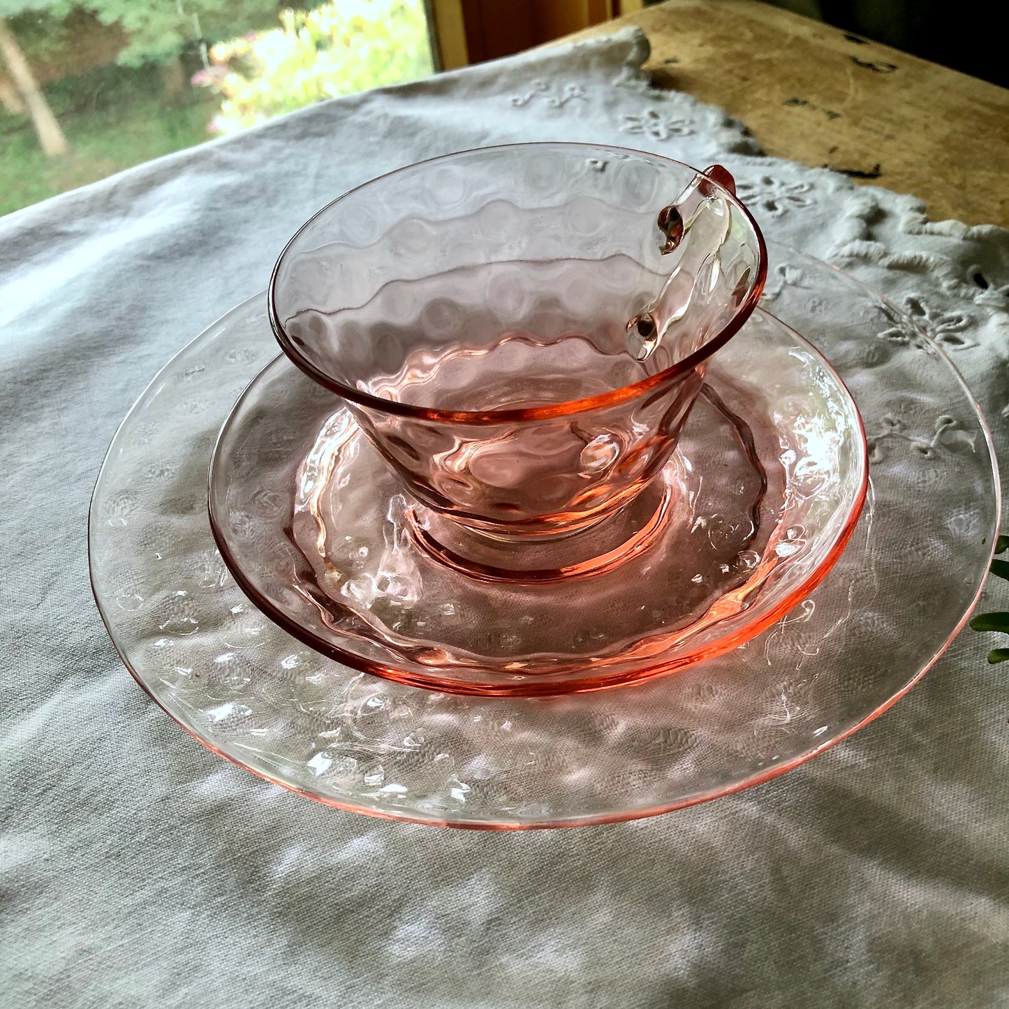 Cambridge Pink Depression Glass Dessert Set, Aero Optic Pattern (c.1930s)