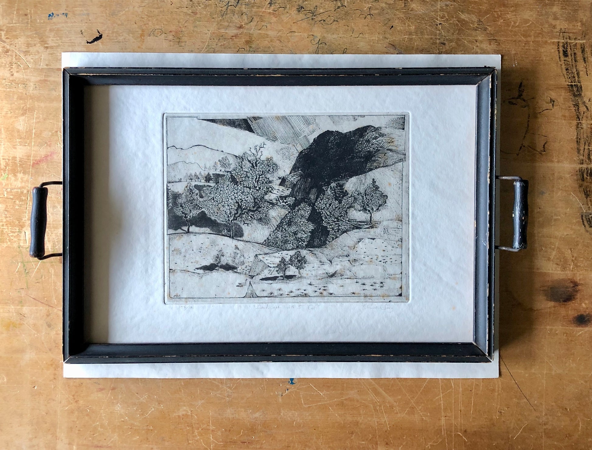 Vintage Art Etching 'Landscape with 5 Cats' by Claude Saucy (c.1900s)