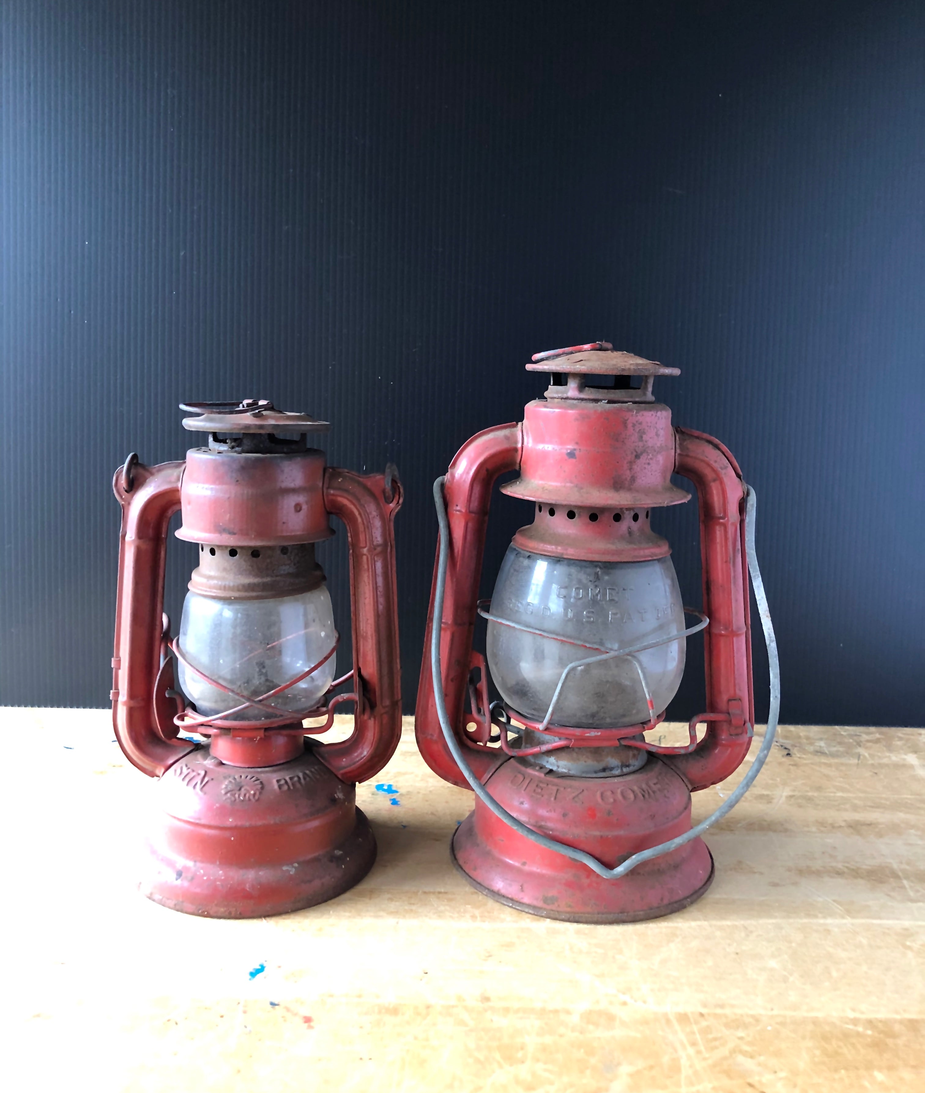 Set of Two Vintage Red Railroad Lanterns Deitz Comet and Sun (c