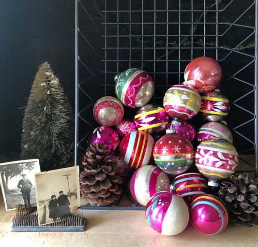 Large Set of Vintage Pink Christmas Ornaments (c.1950s)