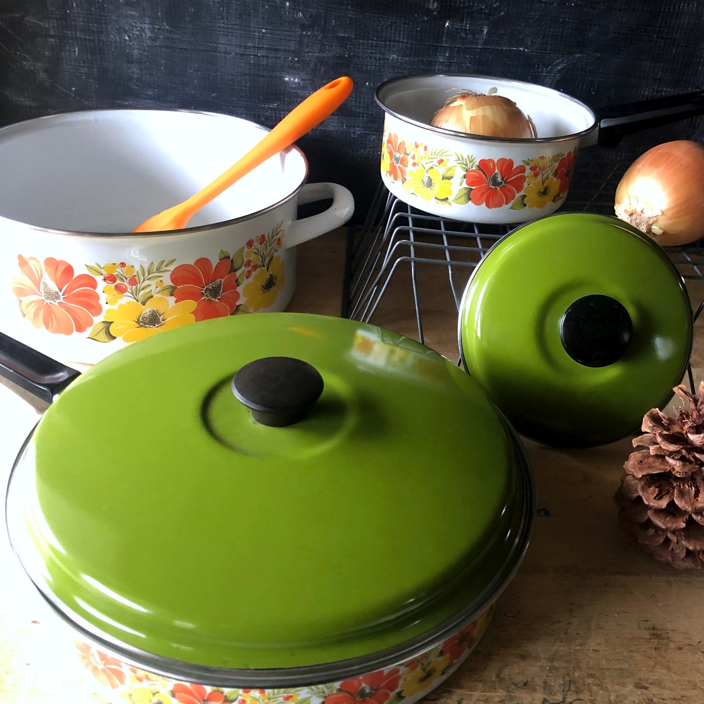 Retro Floral Enamel Cookware Set (c.1970s)