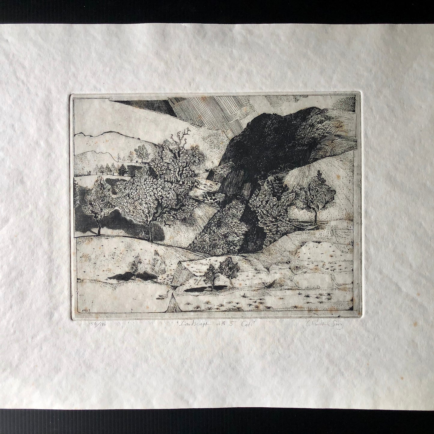 Vintage Art Etching 'Landscape with 5 Cats' by Claude Saucy (c.1900s)