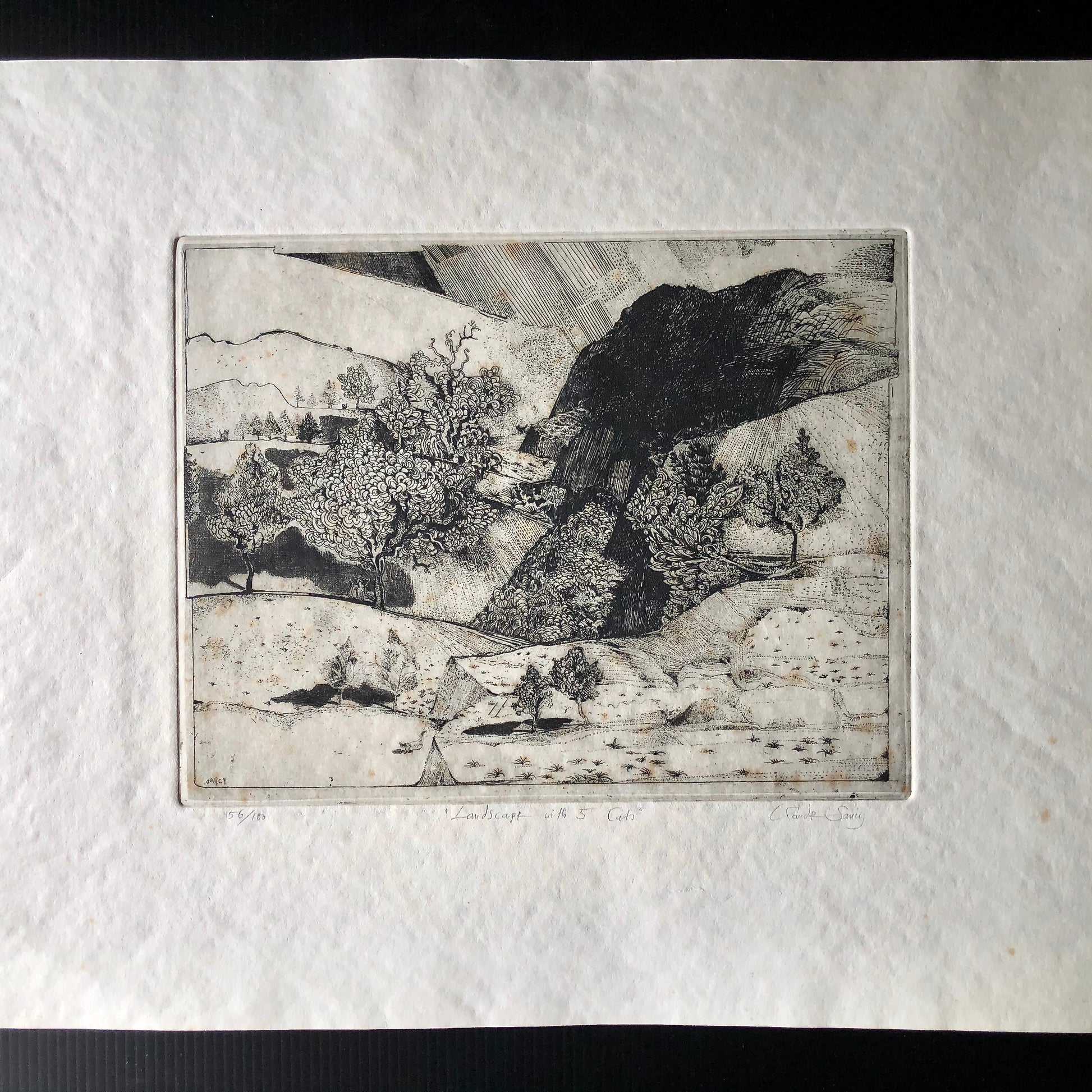 Vintage Art Etching 'Landscape with 5 Cats' by Claude Saucy (c.1900s)