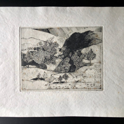 Vintage Art Etching 'Landscape with 5 Cats' by Claude Saucy (c.1900s)