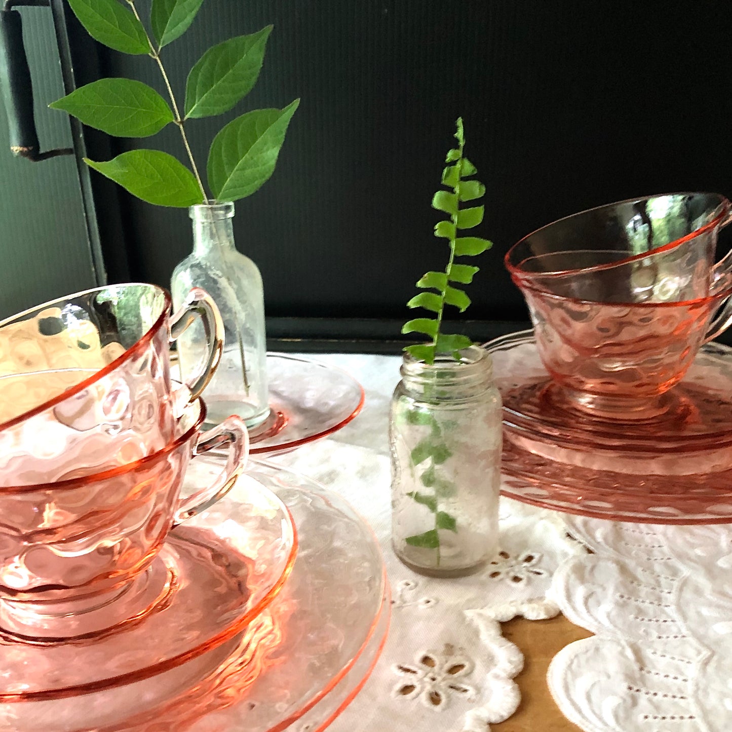 Cambridge Pink Depression Glass Dessert Set, Aero Optic Pattern (c.1930s)