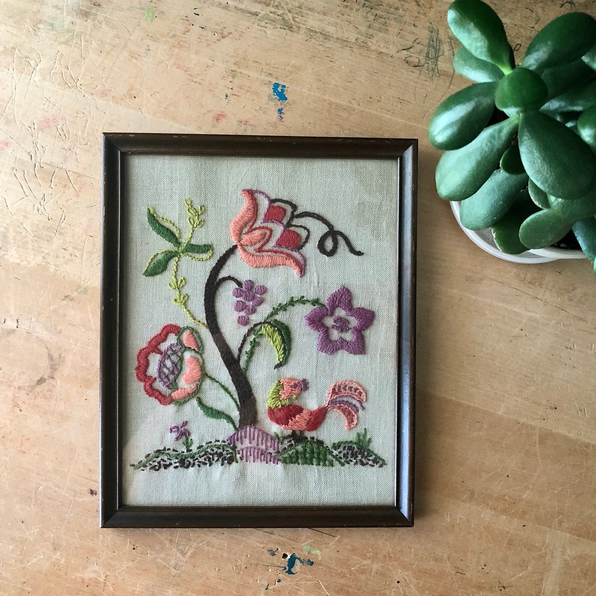Framed Floral Crewel Embroidery (c.1970s)