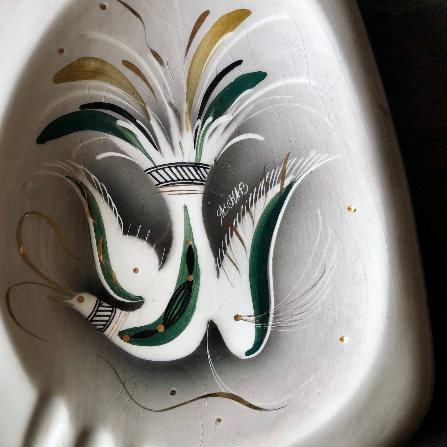 Sascha Brastoff Mid Century Modern Gloss Gray Jewel Birds Plate